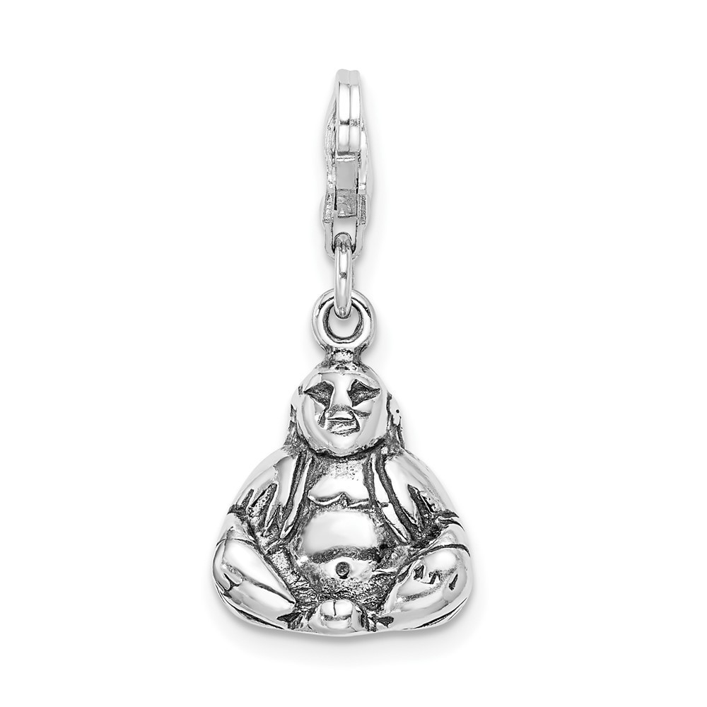 925 Sterling Silver Polished 3-D Antiqued Buddha Bracelet Charm Lobster Clasp
